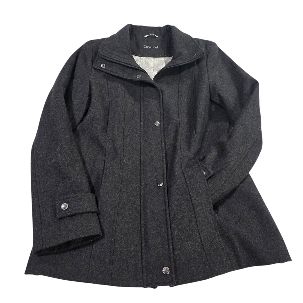 Calvin Klein Wool Jacket Womens L Charcoal Gray Quilted Lined Snap Zipper Winter